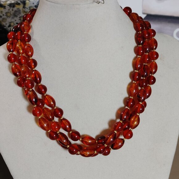 Hobe Necklace Vintage Brown Red Ambar Lucite Bead Gold Tone Accents 54 Inches - Picture 13 of 16